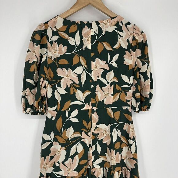 Gal Meets Glam Dress Size 0 Green Tiered Midi Tegan Floral Puff Sleeve Prairie - Picture 6 of 7